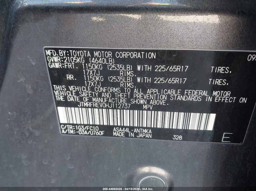 2017 Toyota Rav4 Xle VIN: JTMRFREV0HJ112737 Lot: 44865436