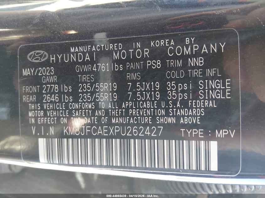 2023 Hyundai Tucson Xrt VIN: KM8JFCAEXPU262427 Lot: 44865439