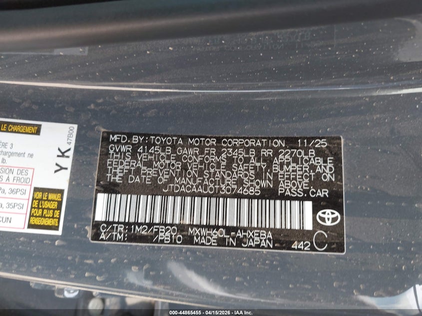 2026 Toyota Prius Le VIN: JTDACAAU0T3074685 Lot: 44865455