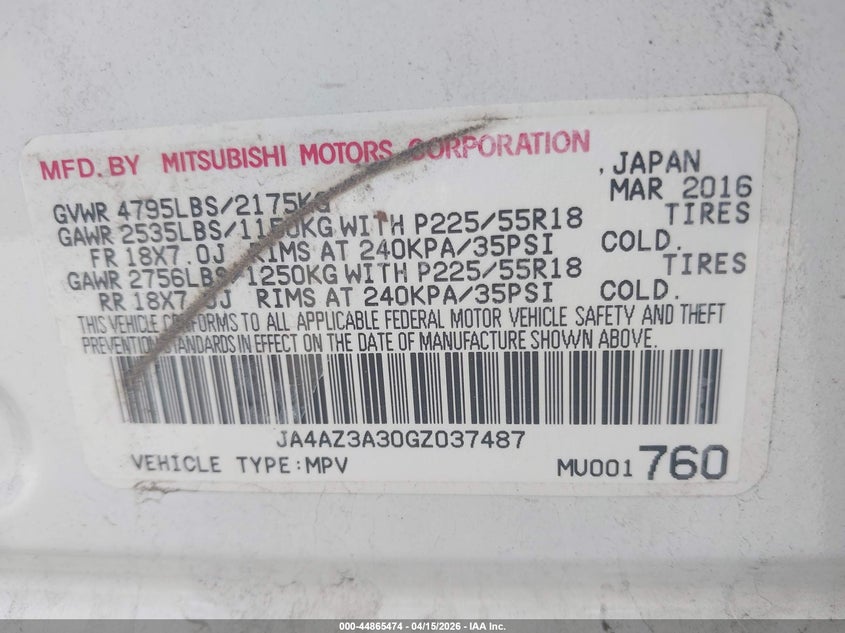 2016 Mitsubishi Outlander Es VIN: JA4AZ3A30GZ037487 Lot: 44865474