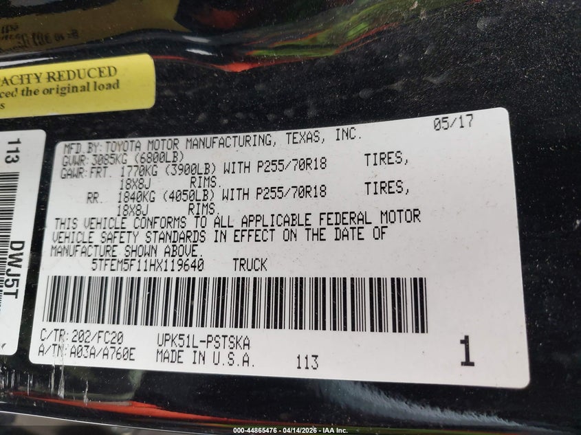 VIN 5TFEM5F11HX119640 2017 TOYOTA TUNDRA SR5 4.6L V8