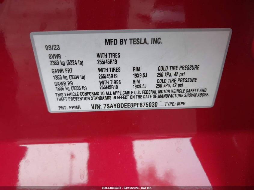 2023 Tesla Model y Awd/Long Range Dual Motor All-Wheel Drive red Lot 111044865483 Vin 7SAYGDEE8PF875030