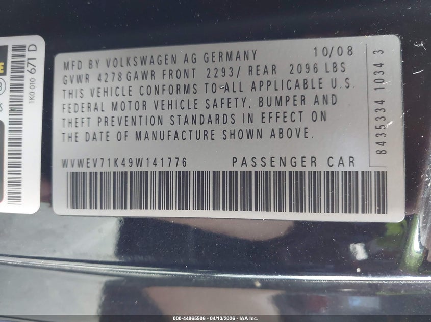 2009 Volkswagen Gti 2-Door VIN: WVWEV71K49W141776 Lot: 44865506