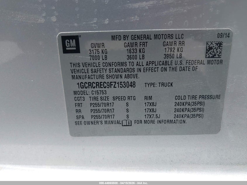 2015 Chevrolet Silverado 1500 1Lt VIN: 1GCRCREC9FZ153048 Lot: 44865508
