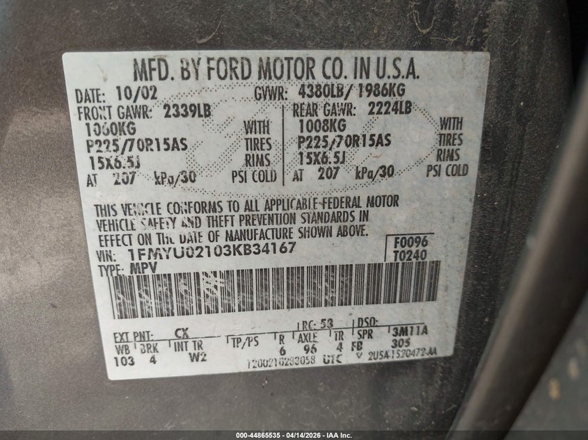 2003 Ford Escape Xls VIN: 1FMYU02103KB34167 Lot: 44865535