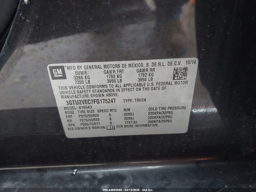 2015 GMC Sierra 1500 Slt VIN: 3GTU2VEC7FG175247 Lot: 44865566