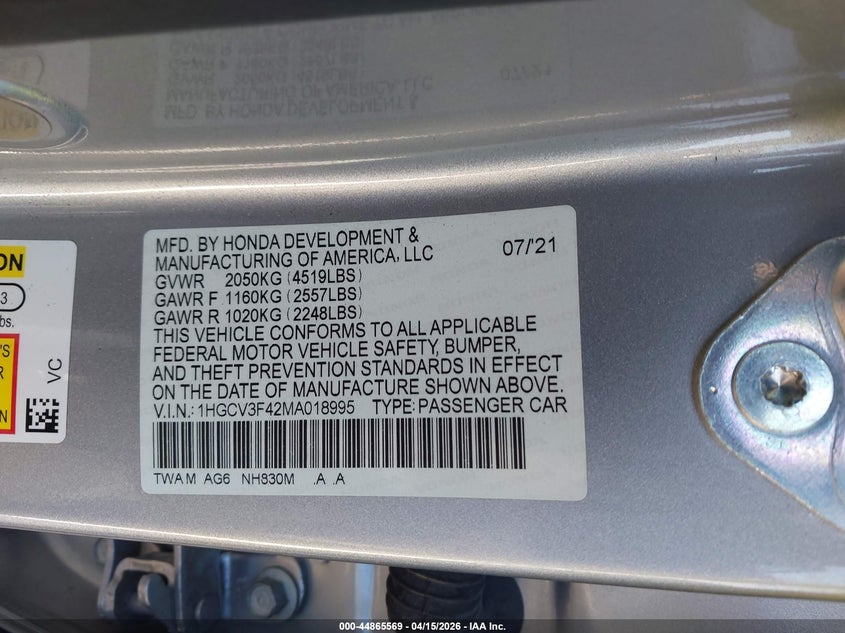 2021 Honda Accord Hybrid Ex VIN: 1HGCV3F42MA018995 Lot: 44865569