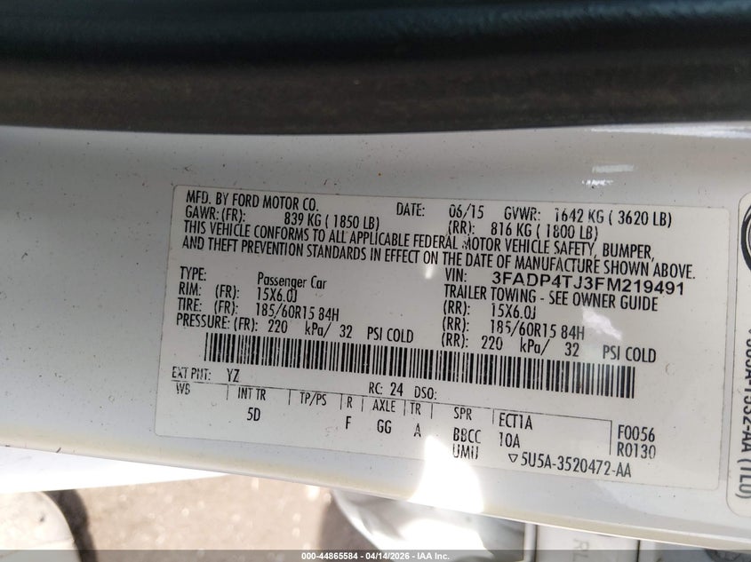 2015 Ford Fiesta S VIN: 3FADP4TJ3FM219491 Lot: 44865584