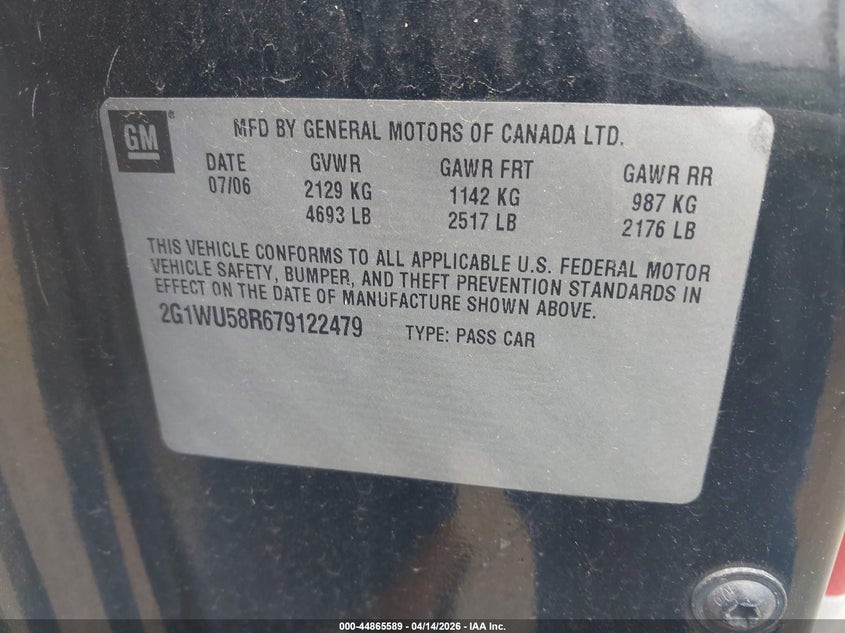 2007 Chevrolet Impala Ltz VIN: 2G1WU58R679122479 Lot: 44865589