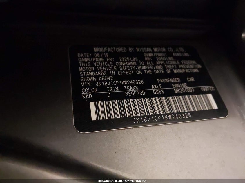 2019 Nissan Rogue Sport S VIN: JN1BJ1CP1KW240326 Lot: 44865590