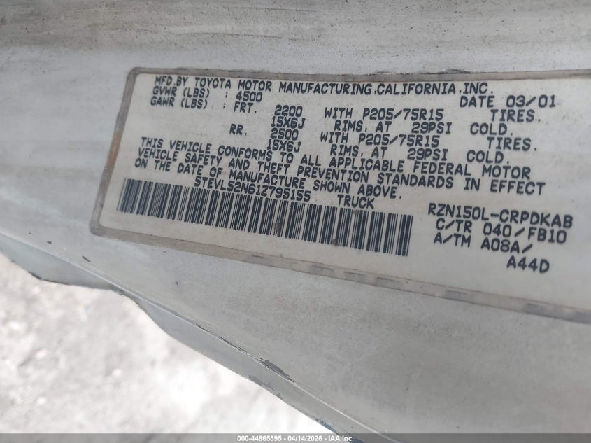 2001 Toyota Tacoma VIN: 5TEVL52N61Z795155 Lot: 44865595