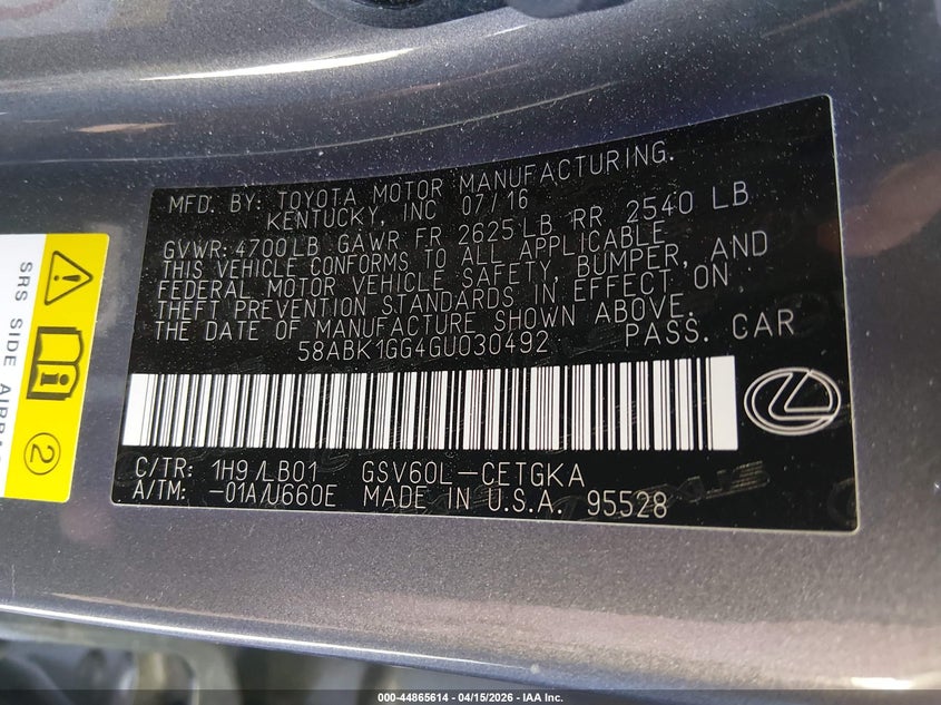 2016 Lexus Es 350 VIN: 58ABK1GG4GU030492 Lot: 44865614