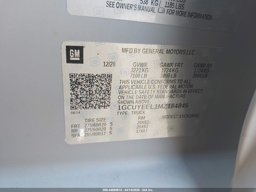 2021 Chevrolet Silverado 1500 4Wd Short Bed Rst VIN: 1GCUYEEL1MZ184845 Lot: 44865615