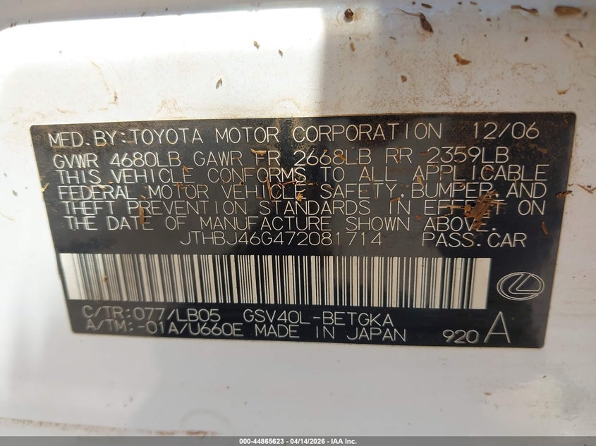 2007 Lexus Es 350 VIN: JTHBJ46G472081714 Lot: 44865623