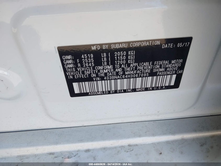 2017 Subaru Legacy 2.5I Premium VIN: 4S3BNAC64H3067095 Lot: 44865626