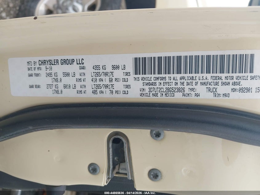 2011 Ram Ram 2500 Slt VIN: 3D7UT2CL2BG523826 Lot: 44865636