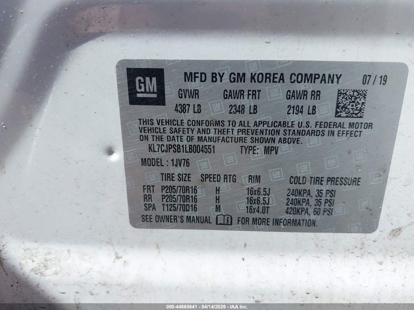 VIN KL7CJPSB1LB004551 2020 CHEVROLET TRAX AWD LT