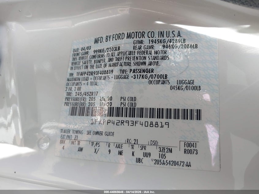2003 Ford Mustang Mach 1 VIN: 1FAFP42R93F408819 Lot: 44865646