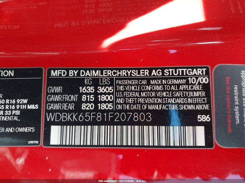 2001 Mercedes-Benz Slk 320 VIN: WDBKK65F81F207803 Lot: 44865647