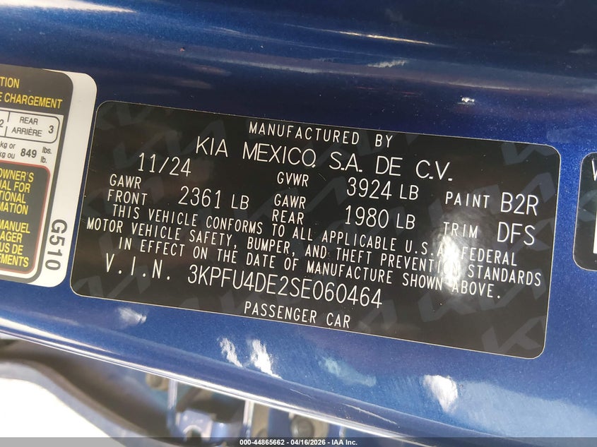 2025 Kia K4 2.0 Ex blue Lot 111044865662 Vin 3KPFU4DE2SE060464