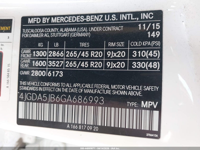 2016 Mercedes-Benz Gle 350 VIN: 4JGDA5JB6GA686993 Lot: 44865671