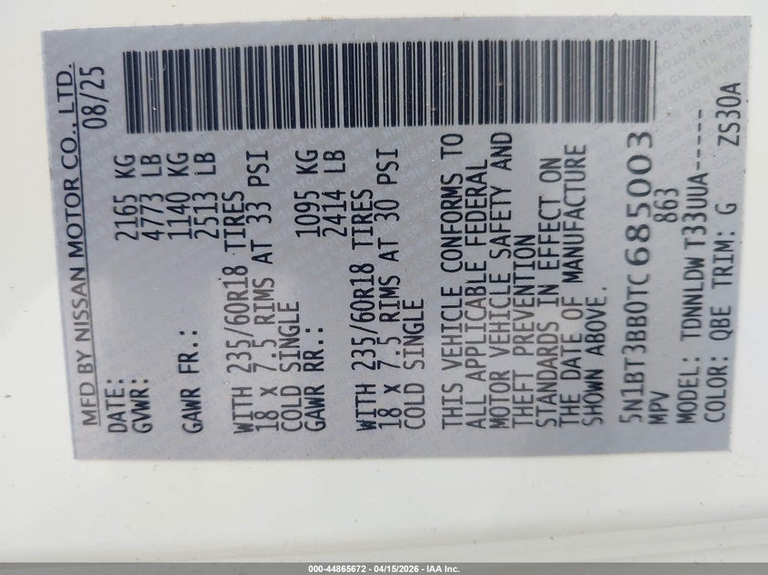 2026 Nissan Rogue Sv VIN: 5N1BT3BB0TC685003 Lot: 44865672