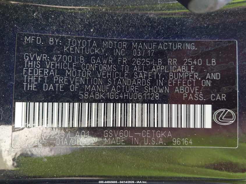 2017 Lexus Es 350 VIN: 58ABK1GG4HU061128 Lot: 44865685