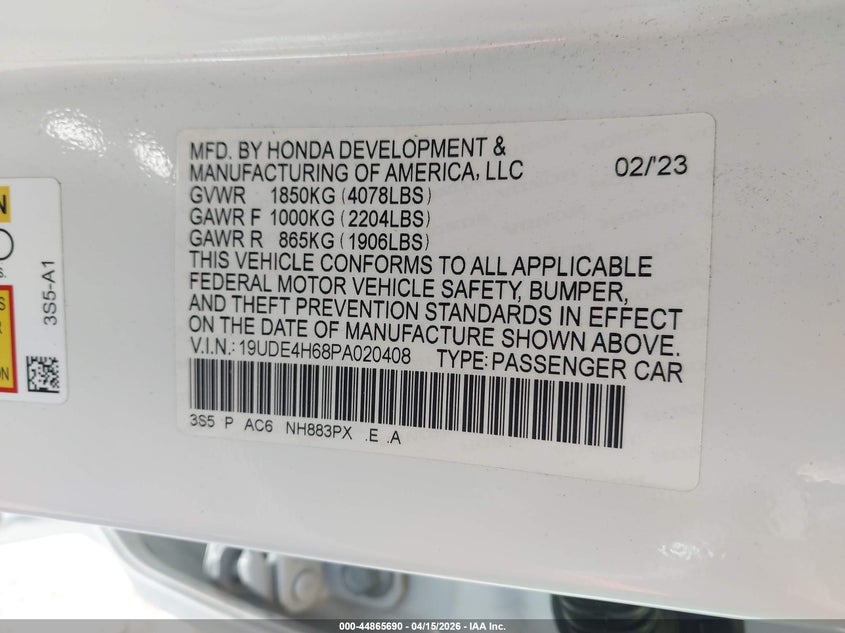 2023 Acura Integra A-Spec Technology VIN: 19UDE4H68PA020408 Lot: 44865690