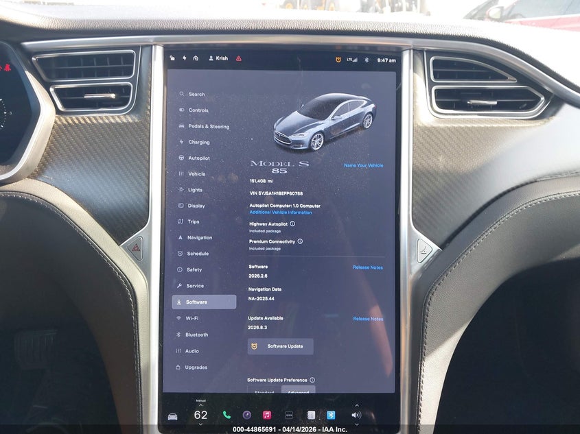 2014 Tesla Model S P85 VIN: 5YJSA1H18EFP60758 Lot: 44865691