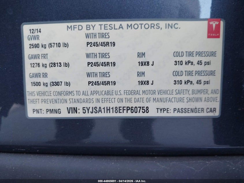 2014 Tesla Model S P85 VIN: 5YJSA1H18EFP60758 Lot: 44865691