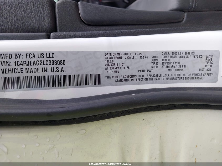 2020 Jeep Grand Cherokee Laredo E 4X2 VIN: 1C4RJEAG2LC393080 Lot: 44865707