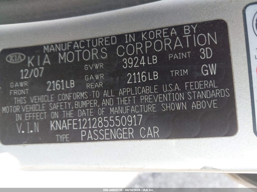 2008 Kia Spectra Ex VIN: KNAFE121285550917 Lot: 44865720