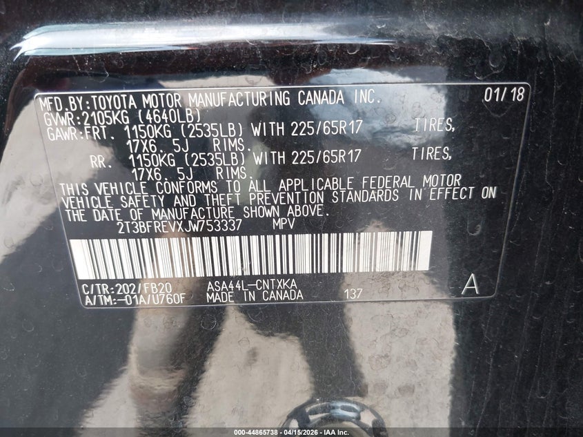 2018 Toyota Rav4 Le VIN: 2T3BFREVXJW753337 Lot: 44865738