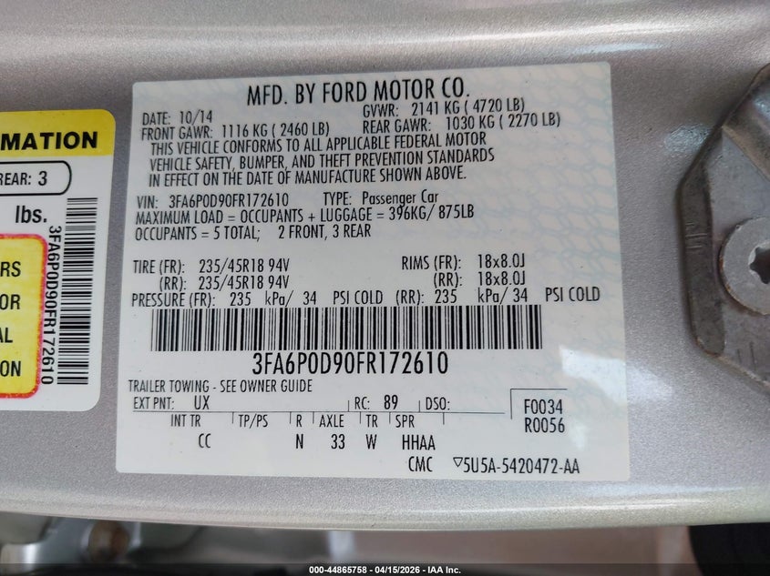 2015 Ford Fusion Titanium VIN: 3FA6P0D90FR172610 Lot: 44865758