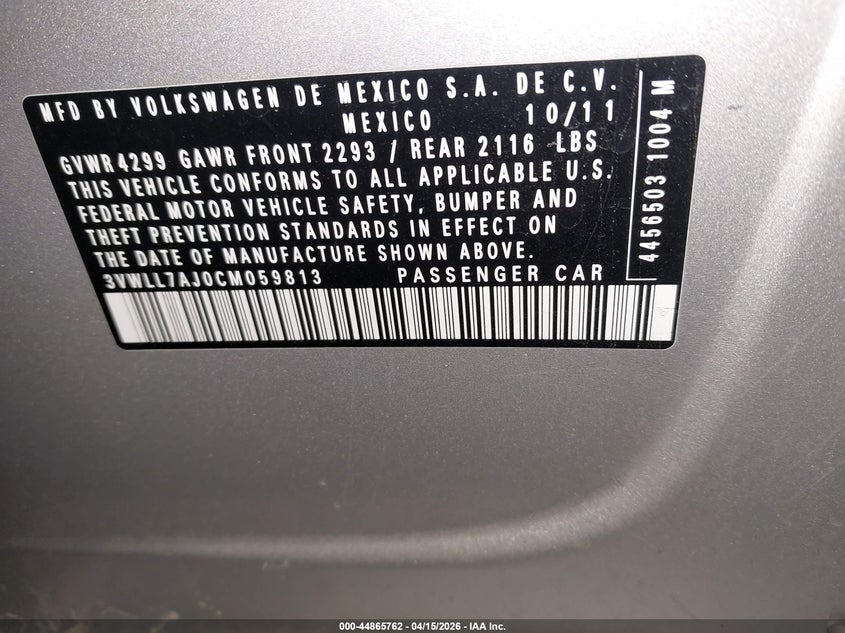 2012 Volkswagen Jetta 2.0L Tdi VIN: 3VWLL7AJ0CM059813 Lot: 44865762