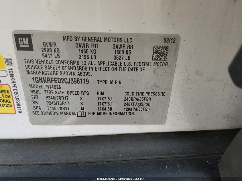 2012 Chevrolet Traverse 3.6 Ls white Lot 111044865786 Vin 1GNKRFED2CJ398119
