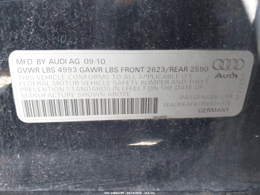 2011 Audi A6 3.2 Premium VIN: WAUEKAFB1BN025376 Lot: 44865794