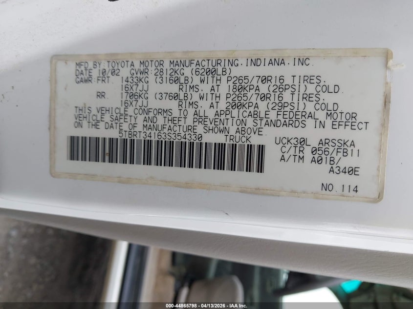 2003 Toyota Tundra Sr5 V8 VIN: 5TBRT34163S354330 Lot: 44865798