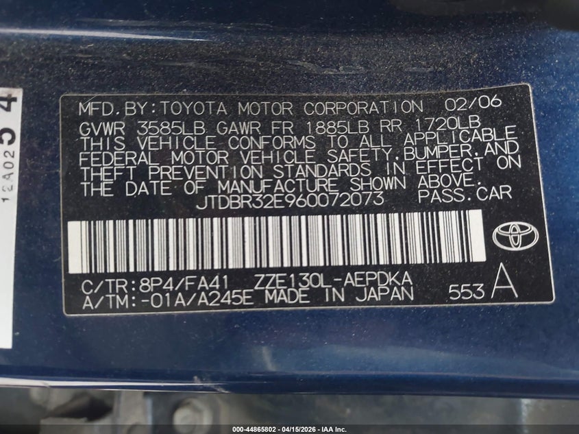 2006 Toyota Corolla Ce VIN: JTDBR32E960072073 Lot: 44865802