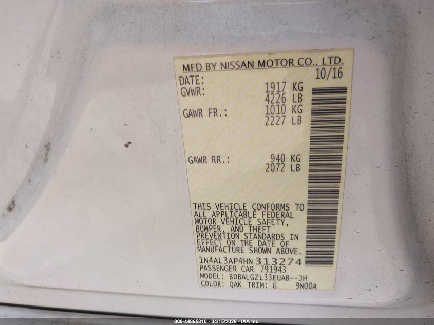 2017 Nissan Altima 2.5 S VIN: 1N4AL3AP4HN313274 Lot: 44865810