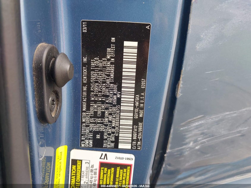 2011 Toyota Venza Base V6 VIN: 4T3ZK3BBXBU038755 Lot: 44865817