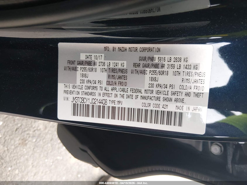 2018 Mazda Cx-9 Touring VIN: JM3TCBCY1J0214408 Lot: 44865818