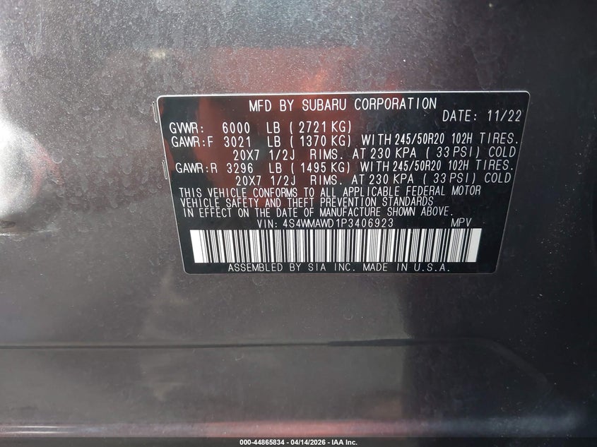 2023 Subaru Ascent Touring 7-Passenger VIN: 4S4WMAWD1P3406923 Lot: 44865834