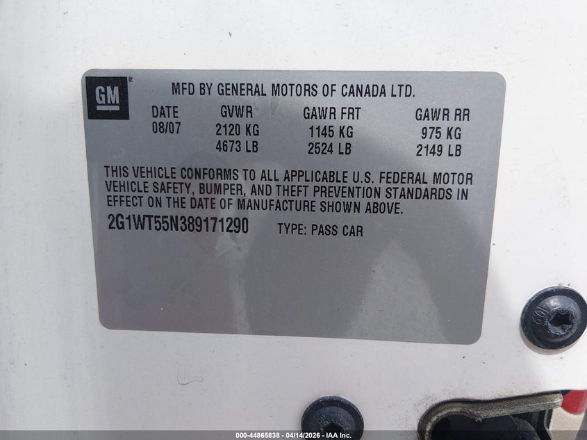2008 Chevrolet Impala Lt VIN: 2G1WT55N389171290 Lot: 44865838