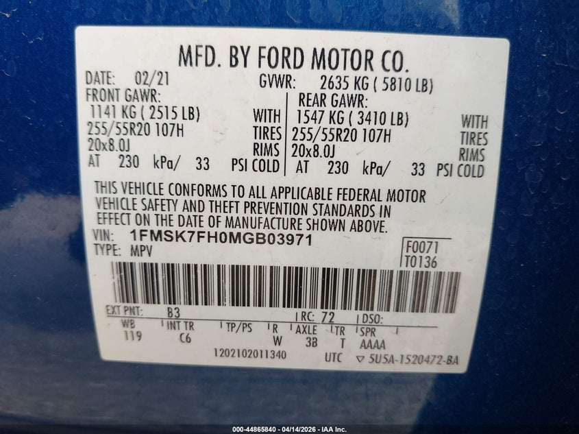 1FMSK7FH0MGB03971 2021 Ford Explorer 2.3 Limited blue