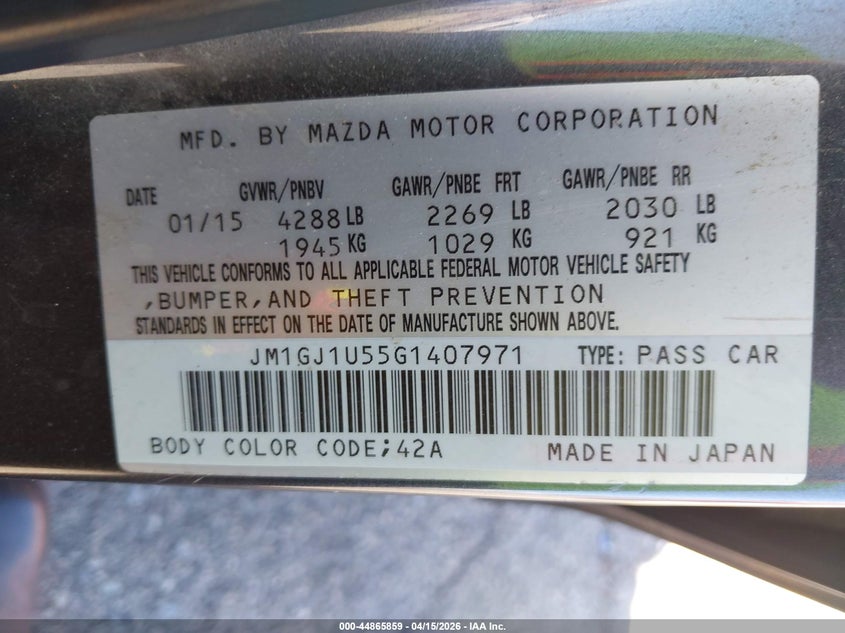 2016 Mazda 6 2.5 201 I Sport black Lot 111044865859 Vin JM1GJ1U55G1407971