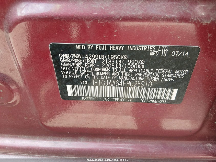 2014 Subaru Impreza 2.0I VIN: JF1GJAA64EH025910 Lot: 44865860