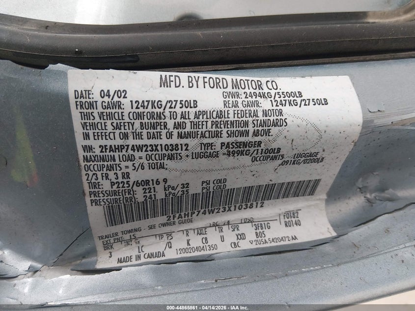 2003 Ford Crown Victoria Lx VIN: 2FAHP74W23X103812 Lot: 44865861