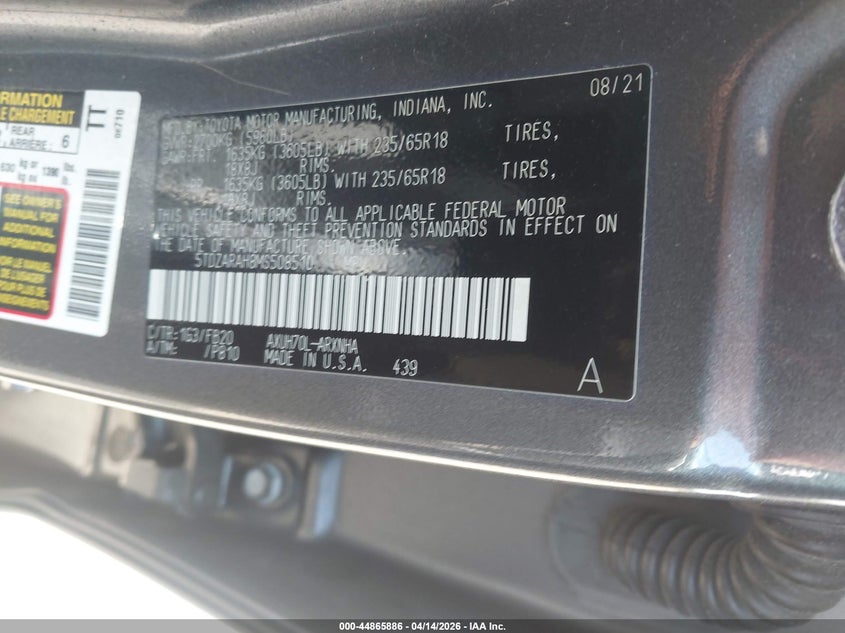 2021 Toyota Highlander Hybrid Le VIN: 5TDZARAH8MS508510 Lot: 44865886