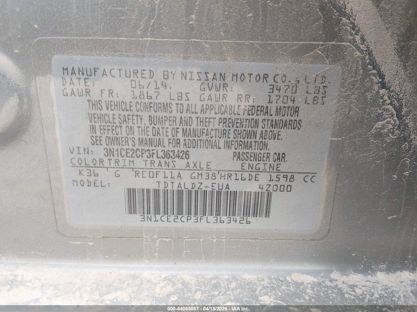 2015 Nissan Versa Note S (Sr)/S Plus/Sl/Sr/Sv VIN: 3N1CE2CP3FL363426 Lot: 44865887